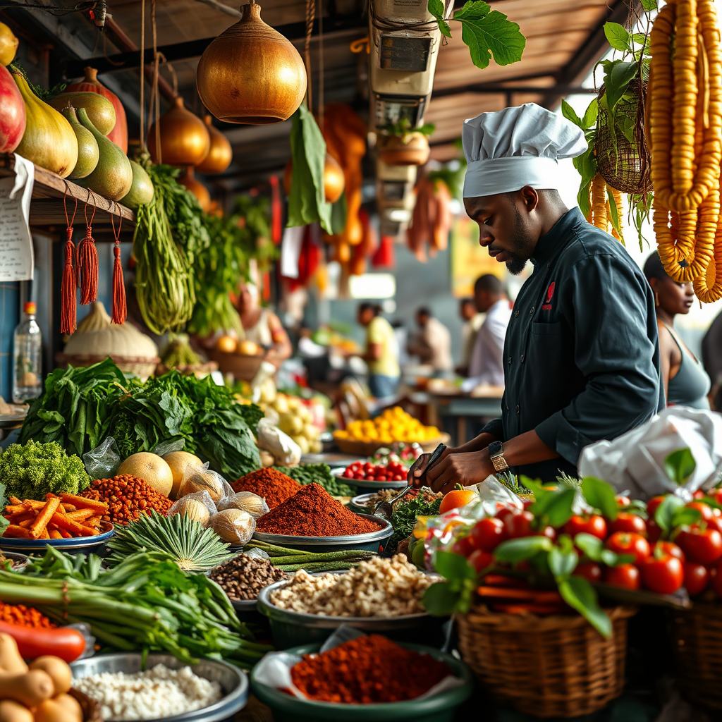 A photorealistic image of a vibrant market scene in Accra, featuring fresh produce, spices, and other local ingredients. A chef from AH Cafe is selecting ingredients, emphasizing the restaurant's commitment to quality and freshness. The lighting is natural and bright, capturing the energy of the market.