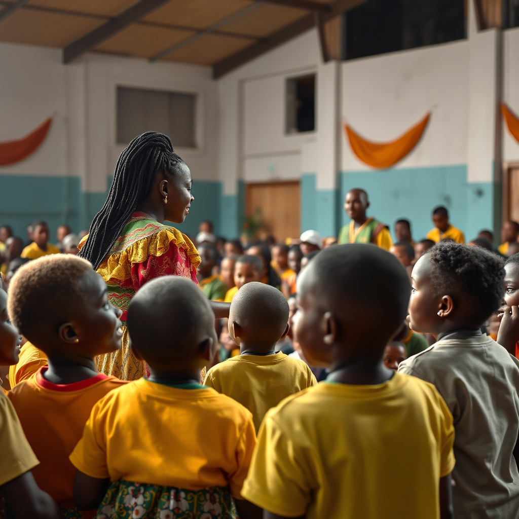 A photorealistic image of an educational theatre performance for children in a Ghanaian school. Children are actively participating and enjoying the show. Focus on the actors' interaction with the audience and vibrant costumes. The lighting is bright and cheerful. 4k resolution.