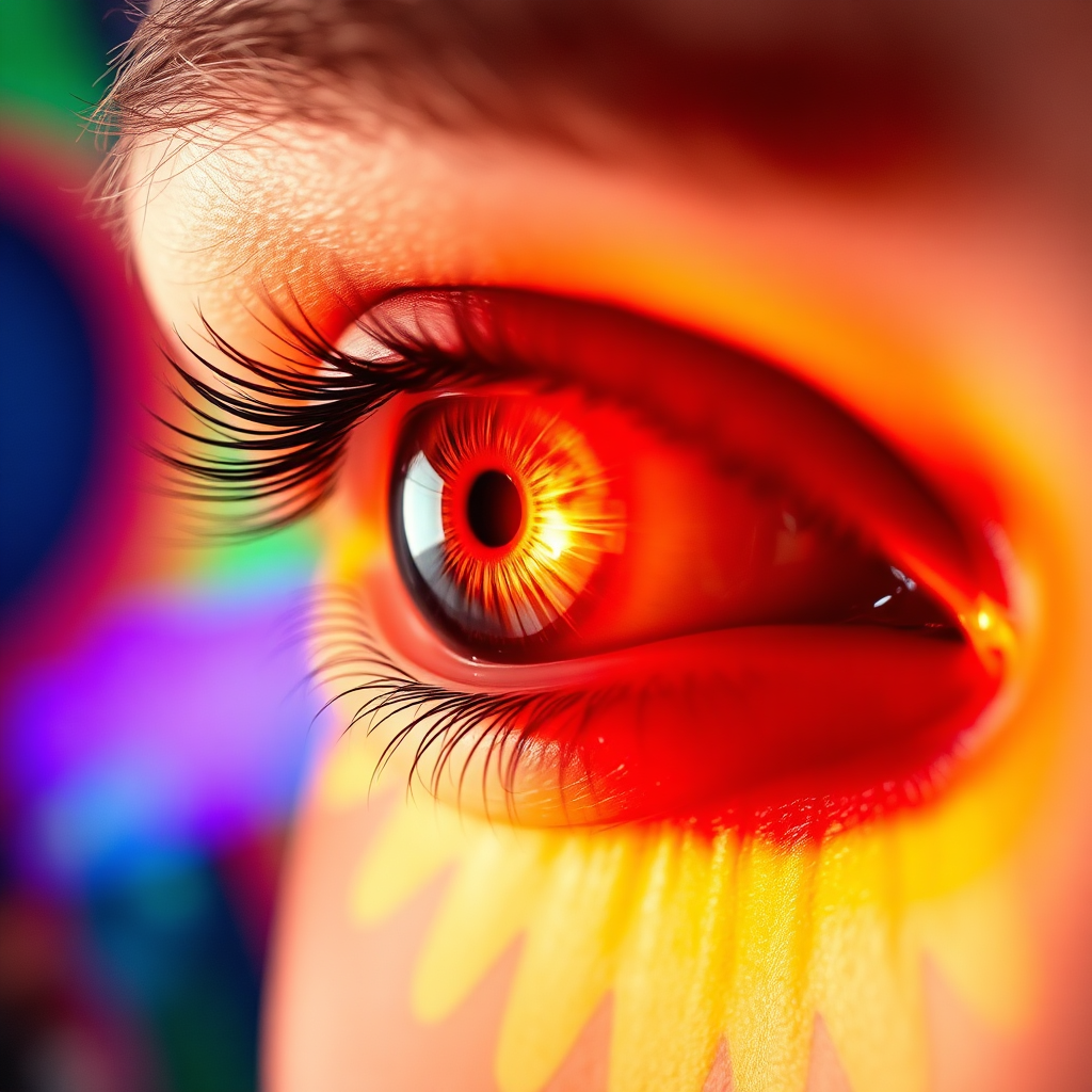 A photorealistic image of an eye adapting to different lighting conditions, symbolizing improved accessibility. The background is a vibrant and colorful abstract pattern. Technical specs: 4K resolution.