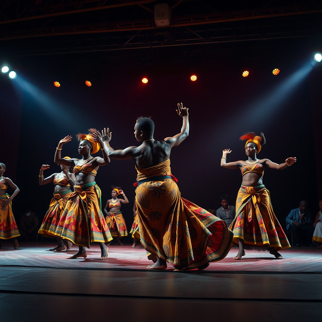 A photorealistic image showcasing the preservation of Ghanaian culture through theatre. The scene depicts a traditional dance performance on stage, with vibrant costumes and energetic movements. The lighting is dramatic and theatrical, highlighting the beauty of the performance. Focus on capturing the authenticity and cultural significance of the dance. Camera angle: wide shot, capturing the entire stage. 4K resolution, high quality with realistic textures and details.