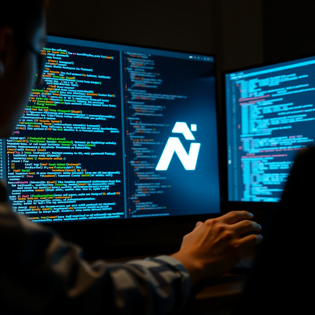 A photorealistic image showcasing a software developer working on a complex code interface, with lines of code dynamically forming a company logo. The lighting is focused on the screen, highlighting the complexity and detail.