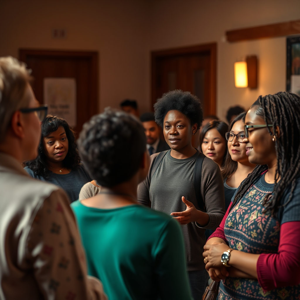 A photorealistic image showcasing the impact of theatre on a local community. The scene depicts a group of people engaged in a post-performance discussion about social issues raised in the play. The setting is a community center, with warm and inviting lighting. Focus on capturing the expressions of engagement and understanding on the faces of the participants. Camera angle: medium shot, focusing on the group discussion. 4K resolution, high quality with realistic textures and details.