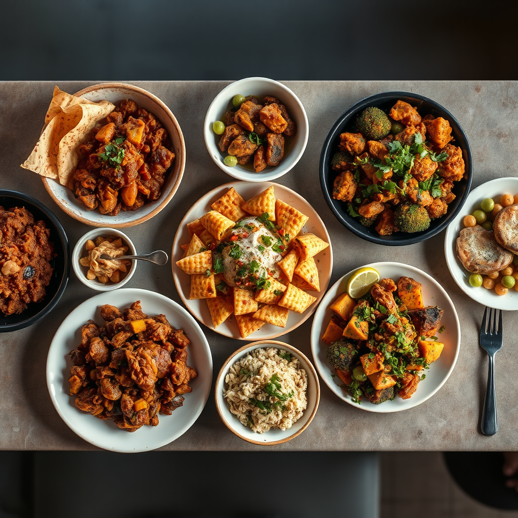 A photorealistic image showcasing a diverse array of dishes on a single table, representing Ghanaian, Continental, and Vegan cuisine. The lighting is warm and inviting, highlighting the textures and colors of the food. The composition is balanced and artful, creating a visually appealing and appetizing image. Camera angle: Overhead shot.