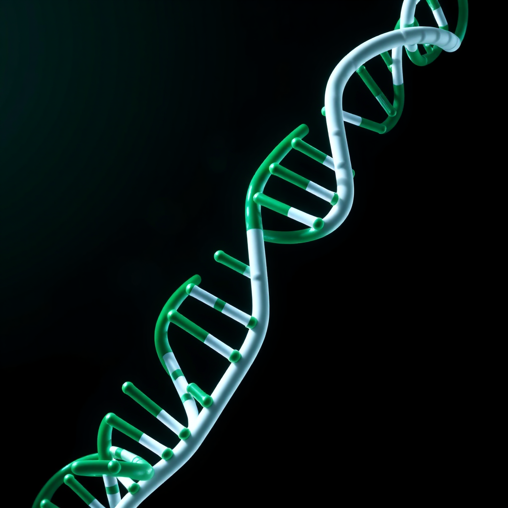 A stylized 4K image of a DNA helix with the Nigerian flag colors subtly woven in. The helix is brightly illuminated against a dark background, emphasizing its importance. The style is modern and scientific, conveying accuracy and reliability.