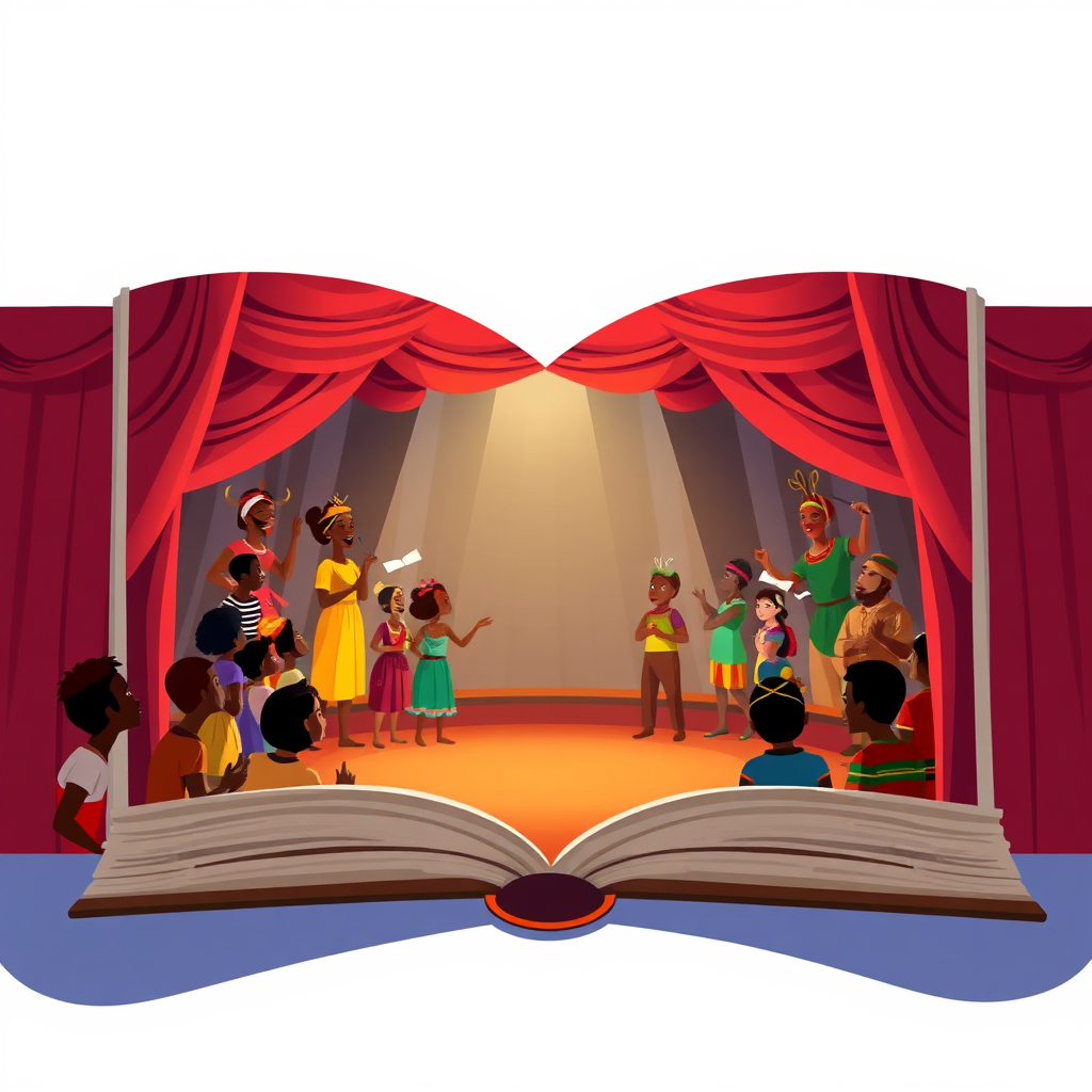 A stylized digital illustration representing creative storytelling through theatre. The image depicts a storybook opening up to reveal a vibrant stage with actors performing various scenes from Ghanaian history and culture. The color palette is rich and diverse, reflecting the richness of Ghanaian heritage. The overall style is whimsical and imaginative, capturing the magic of storytelling. 4K resolution, high quality with attention to detail in the illustrations.