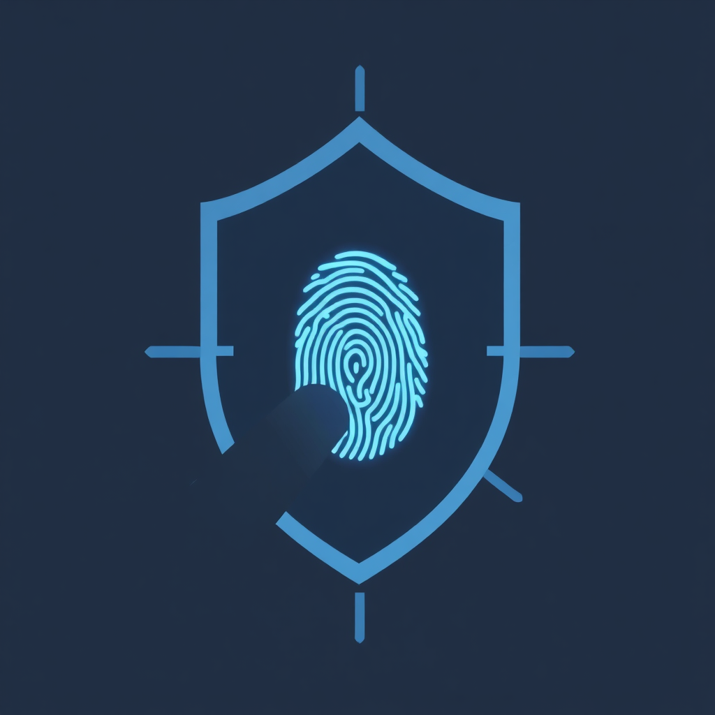 A stylized image of a fingerprint being scanned onto a secure device. The focus is on security and privacy, with a color palette of blues and grays.