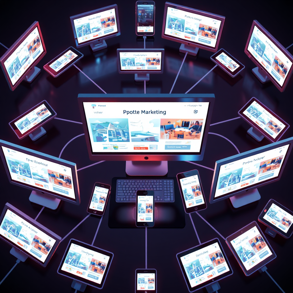 A stylized image of a network of interconnected devices (computers, smartphones, tablets) displaying digital advertisements. The scene should represent the reach and interconnectedness of digital marketing. The lighting should be modern and vibrant, emphasizing the digital aspect. The color palette should be dynamic and eye-catching. The camera angle should be overhead, capturing the entire network of devices. The style should be sleek and futuristic, showcasing the agency's expertise in digital marketing.