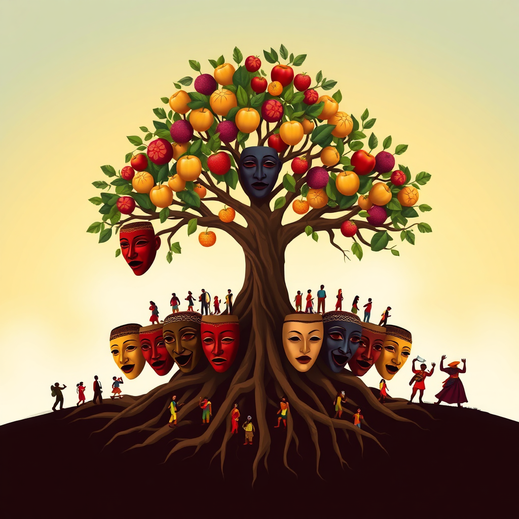 A stylized image representing the mission of Bana Rackor Consult. The artwork showcases a tree with roots shaped like theatrical masks reaching down to uplift diverse communities represented by miniature figures. The tree's branches extend upwards, bearing fruits symbolizing knowledge, entertainment, and social change. The color palette should consist of warm earth tones blended with vibrant, symbolic colors representing Ghana. A soft, diffused light illuminates the scene, creating a sense of hope and growth. Stylistic inspiration: a blend of traditional Ghanaian art with modern digital painting techniques. 4K resolution, high quality with attention to detail in textures and symbolism.