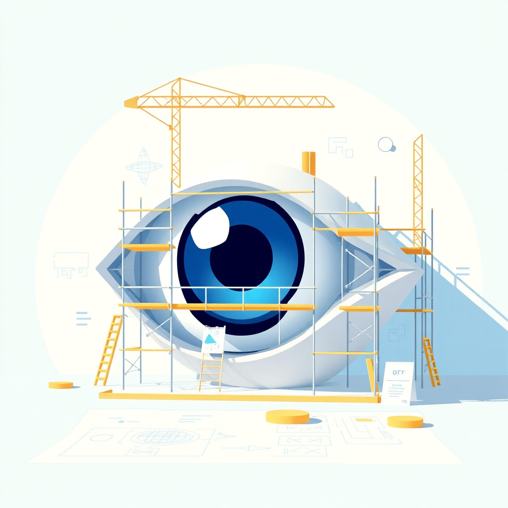 A stylized image representing the 'under construction' concept for MY EYES CENTER. Depict a partially built structure resembling an eye, with scaffolding around it. Use a bright, optimistic color palette of blues, greens, and yellows. The style should be clean and modern, with a touch of abstract art. The lighting is soft and diffused, creating a welcoming atmosphere. Include subtle details like blueprints or vision charts in the background. Camera angle: A slightly high-angle perspective, showing the entirety of the eye structure and its surroundings. Texture should be smooth and polished, hinting at the precision and care involved in eye care. Style reference: Modern, minimalist illustration with a touch of architectural design. Technical specs: 4K resolution, high quality rendering.