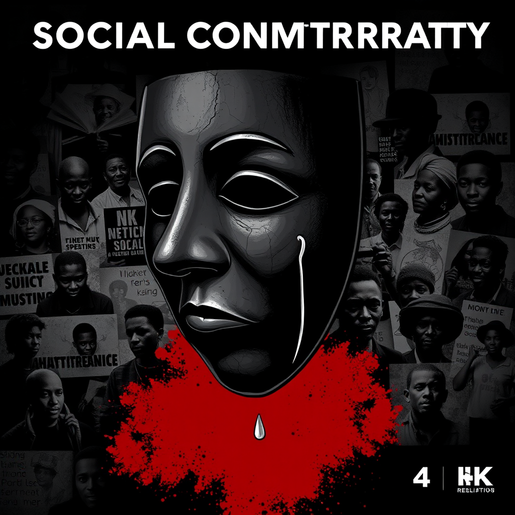 A stylized image representing social commentary through theatre. The artwork features a theatrical mask with a tear running down its cheek, symbolizing the pain and suffering caused by social injustice. The background is a collage of images representing various social issues facing Ghana. The color palette is dark and somber, with a focus on blacks and reds. Stylistic inspiration: a blend of expressionism and social realism. 4K resolution, high quality with attention to detail in the textures.