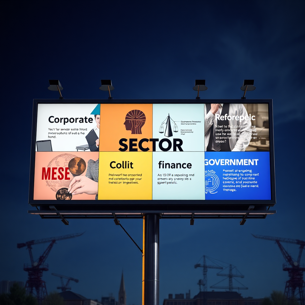 A stylized image showing a billboard divided into sections, each representing a different sector (corporate, finance, government, etc.). Each section should feature a relevant visual and messaging tailored to that sector. The lighting should be bright and distinct, highlighting each sector's unique identity. The color palette should be diverse and representative of each sector's branding. The camera angle should be medium-shot, focusing on the billboard's segmented design. The style should be modern and professional, showcasing the agency's expertise in diverse sectors.