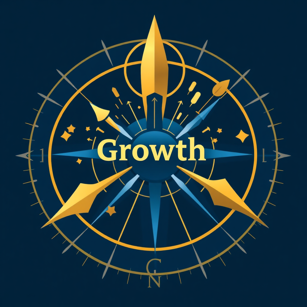 A stylized visualization of a compass pointing towards a 'Growth' destination, with abstract elements representing different business strategies converging towards the central point. Use a palette of gold and blue to denote trust and success.
