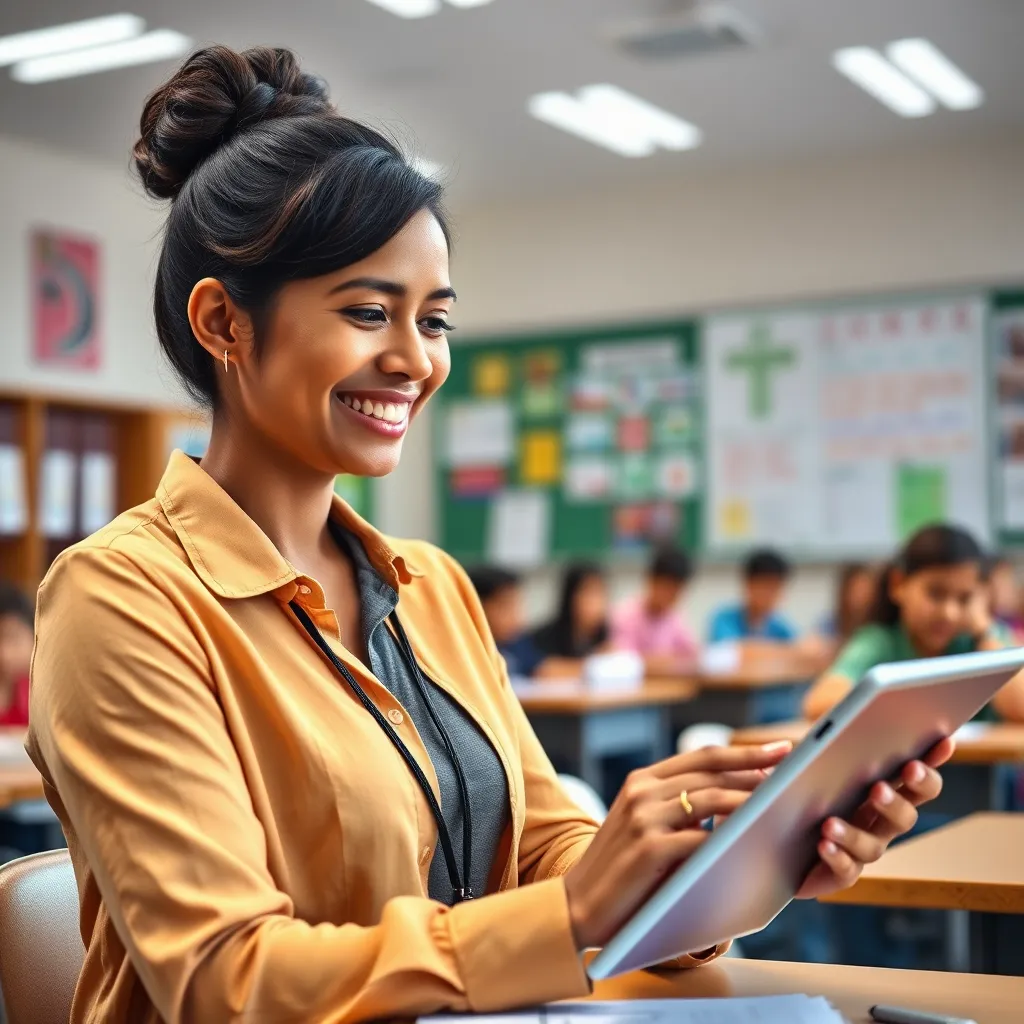 A teacher smiling while using a tablet to take attendance in a classroom, with a cheerful and vibrant background of students engaged in learning activities.