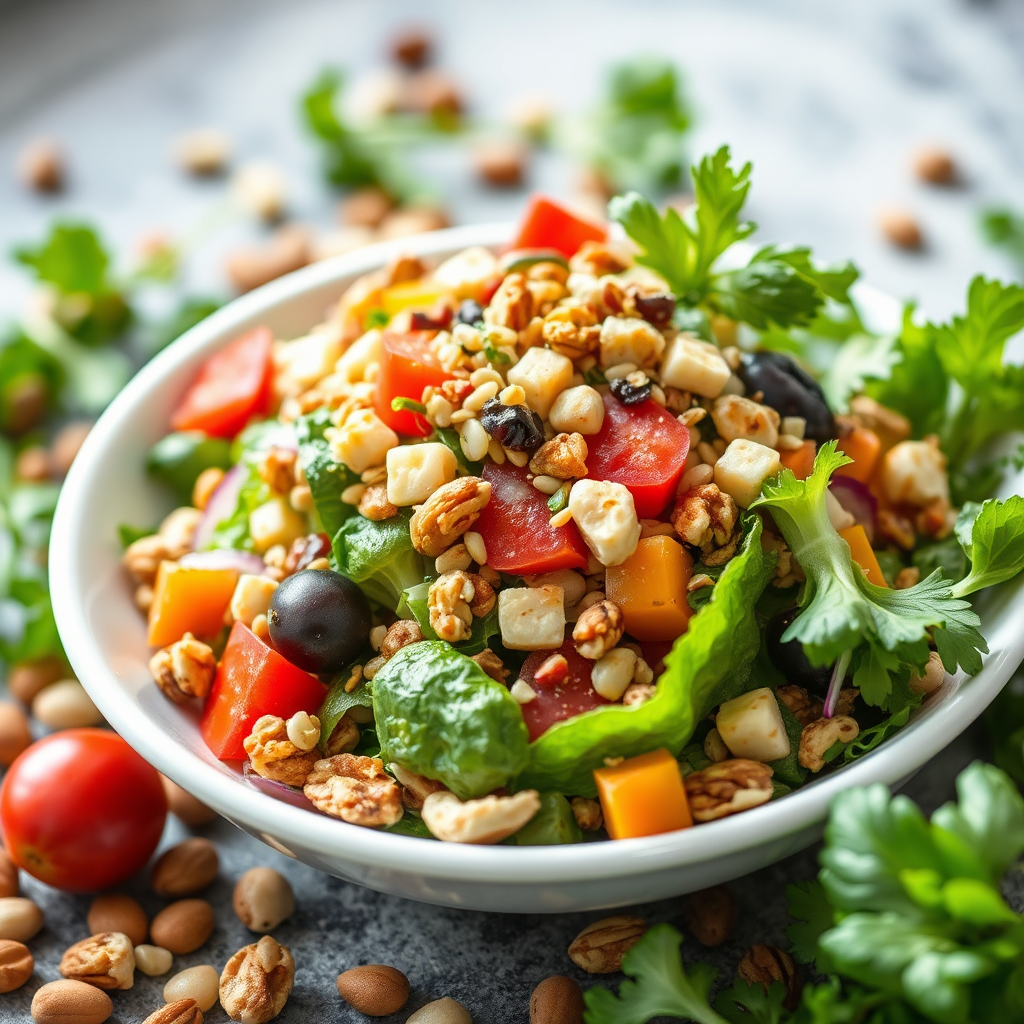 A vibrant and colorful vegan salad with a variety of fresh vegetables, nuts, and seeds, highlighting its freshness and appeal. The lighting is bright and cheerful, emphasizing the dish's health benefits and flavors. Plant-based ingredients are scattered around.