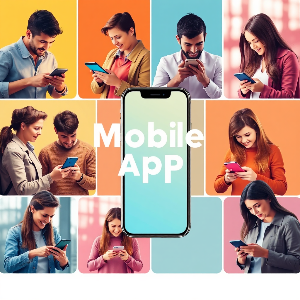 A vibrant and dynamic image showcasing people interacting with a mobile app on their smartphones in various real-world scenarios, emphasizing usability and connectivity. Use a warm and inviting color scheme.