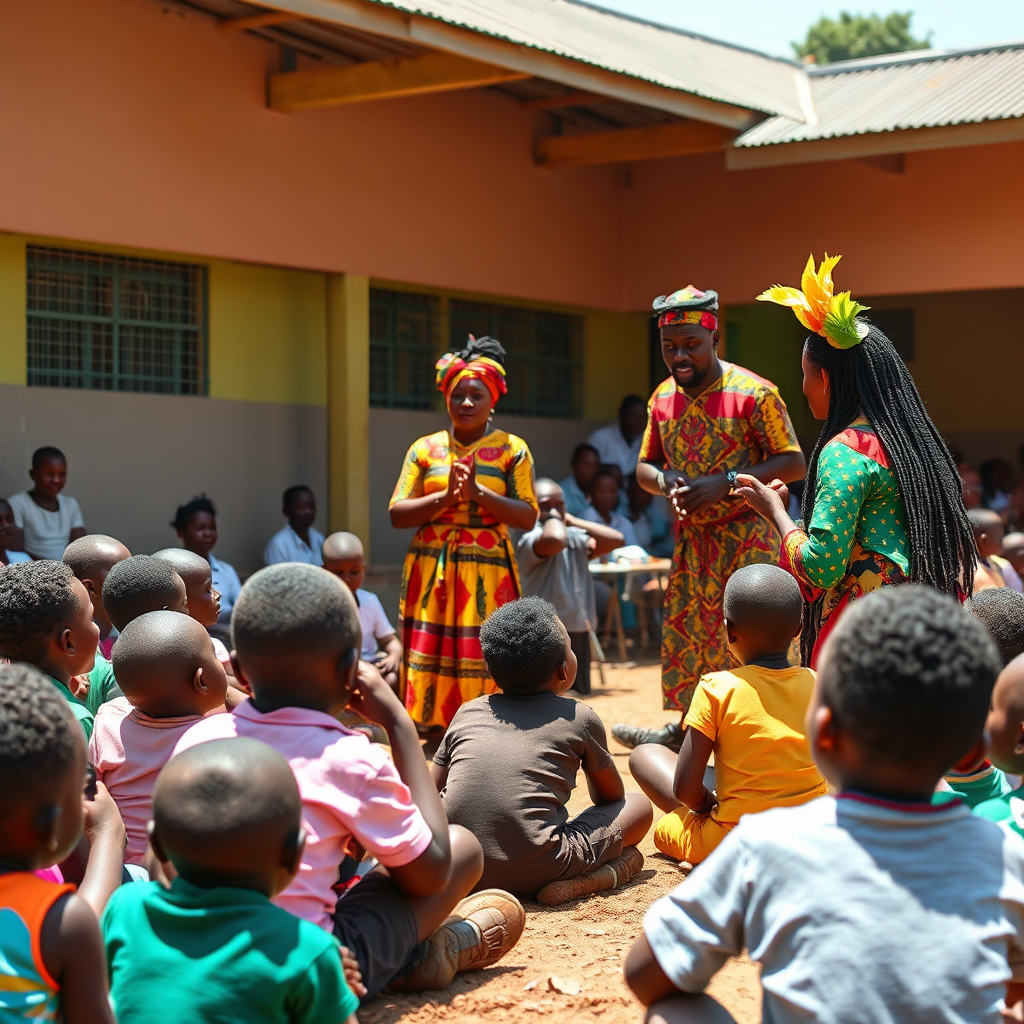 A vibrant, photorealistic image capturing an educational performance for children. Actors in colorful costumes interact with the audience, teaching them about Ghanaian history and culture. The setting is a schoolyard, with children seated on the ground, captivated by the performance. The lighting is bright and natural. Camera angle: medium shot, capturing the interaction between the actors and the audience. 4K resolution, focusing on the lively atmosphere.