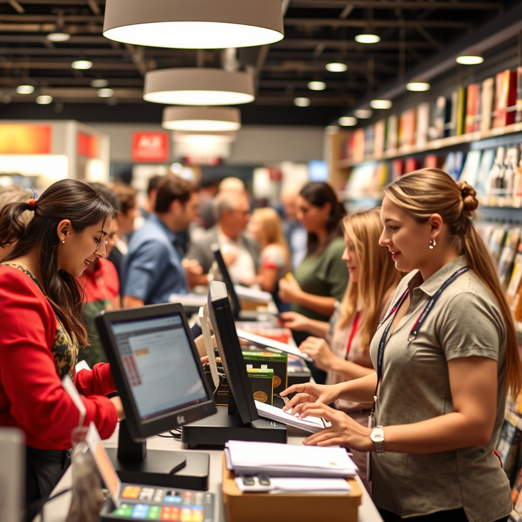 A vibrant scene of a busy retail store where employees are efficiently processing sales with the ACE Sales POS system, ensuring smooth customer transactions. The background can show happy customers.