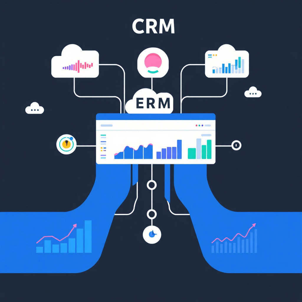 A visualization of data streams flowing into a centralized CRM dashboard, providing real-time analytics and insights on customer data. Use a contrasting color palette to highlight key metrics.