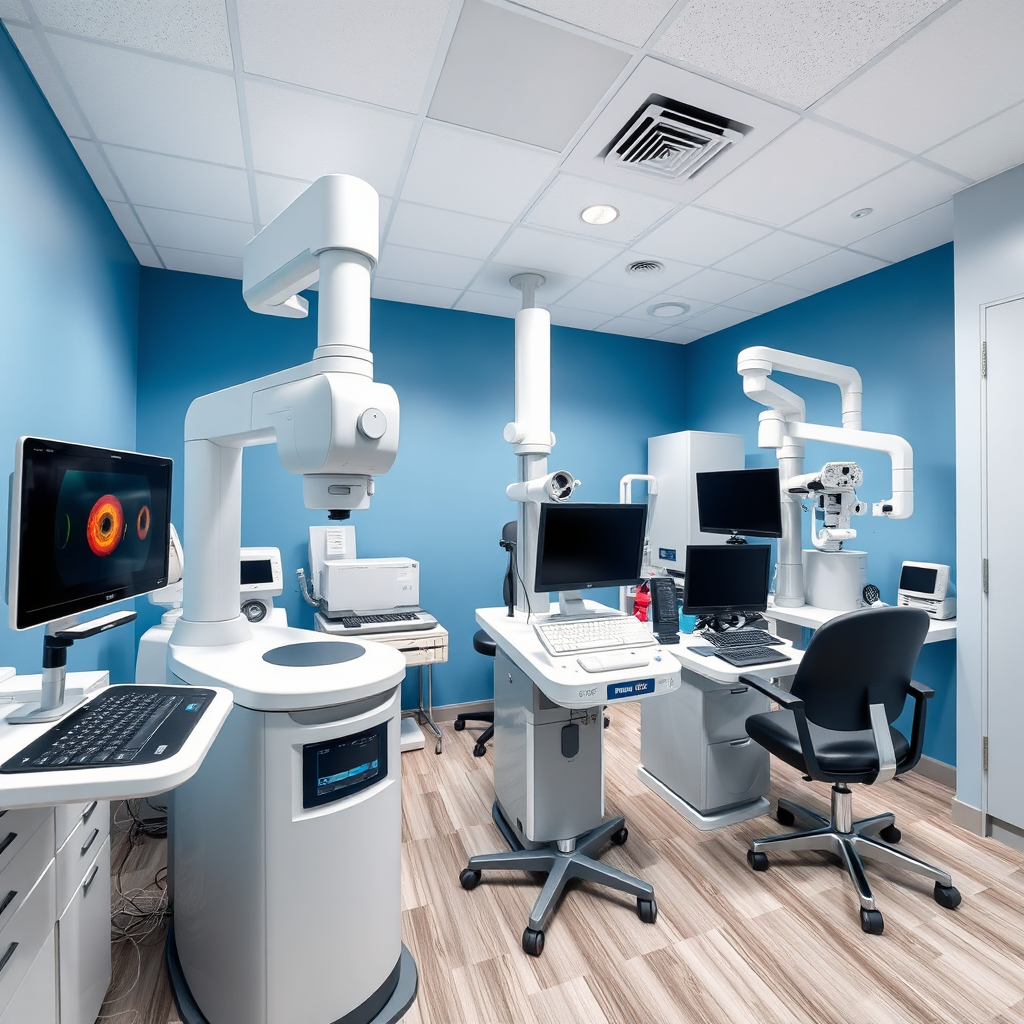 A wide shot of a modern optometry clinic room featuring advanced diagnostic equipment. Include various machines like an OCT scanner, visual field analyzer, and autorefractor. The lighting is bright and professional. The color palette is clean and sterile, with accents of blue and silver. The camera angle showcases the range of equipment available. The texture details emphasize the sleek and modern design of the technology.