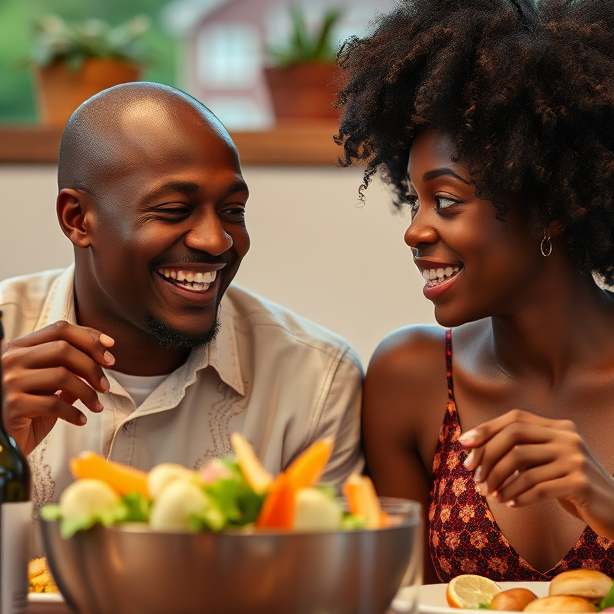 A photorealistic image of a couple enjoying a romantic dinner at AH Cafe, showcasing the restaurant's ambiance, service, and cuisine. The lighting is soft and intimate, creating a romantic and memorable experience. The background is blurred to focus on the couple.