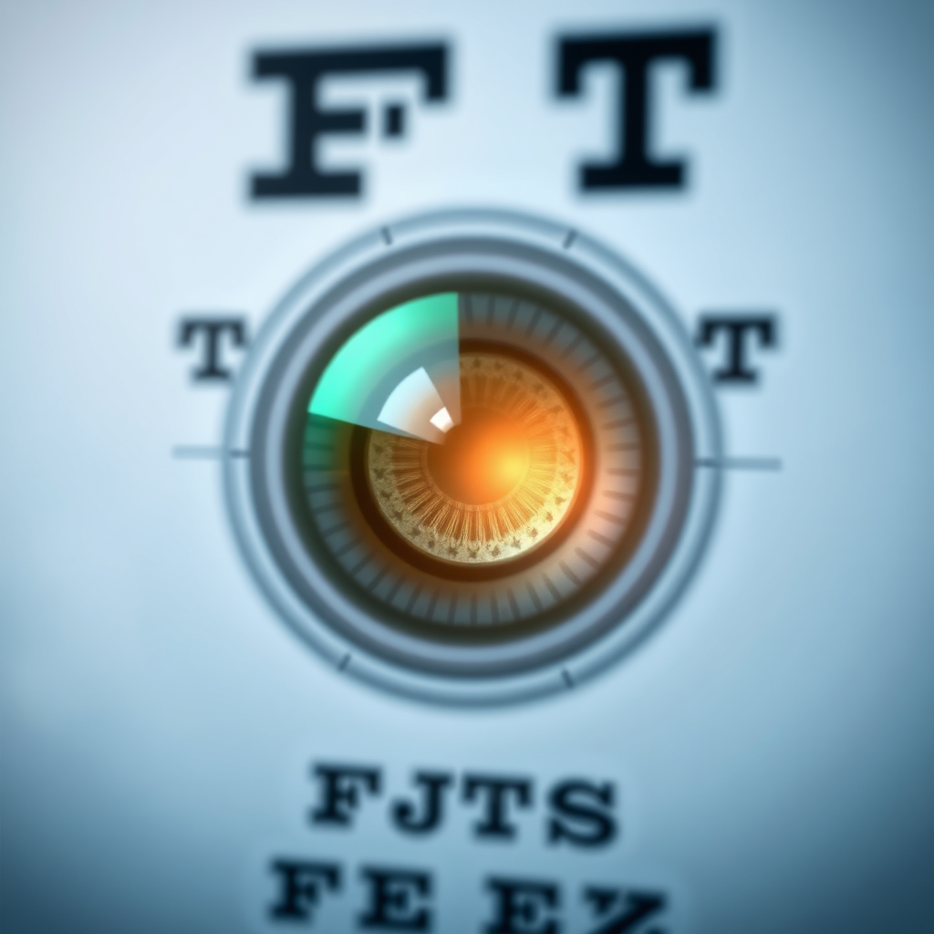 An eye chart with a subtle overlay of light representing restored vision or improved eye health. Use a soft, ethereal glow to symbolize healing. The color palette is calming and hopeful, with shades of blue and green. The camera angle is a close-up, focusing on the eye chart and the overlay of light. The texture details emphasize the healing process and the potential for improved vision.
