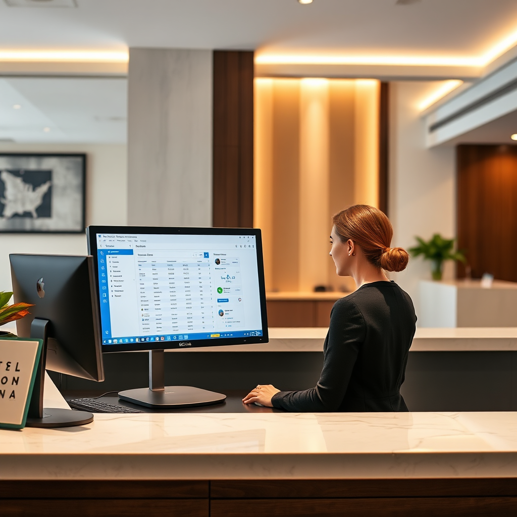 An image depicting the front desk of a modern hotel, with the receptionist effortlessly managing reservations and guest data through the ACE Cloud PMS interface on a computer.