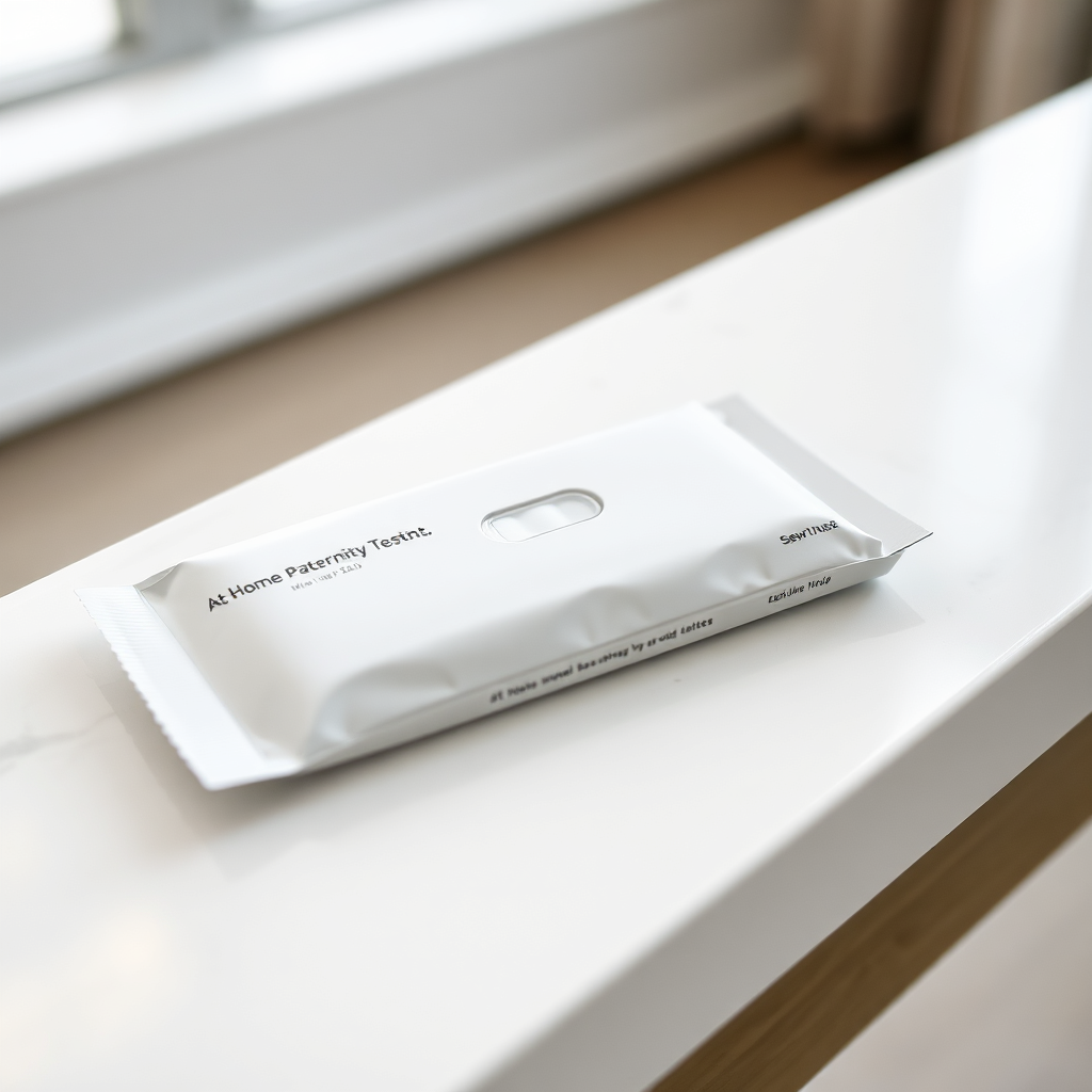 An image of a discreetly packaged at-home paternity testing kit on a clean, modern surface. The packaging is plain and unmarked, ensuring privacy.