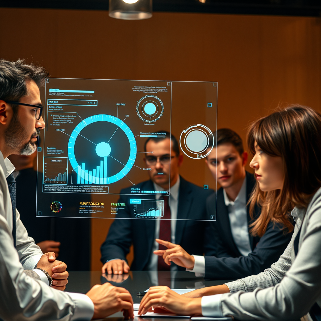 An image representing a strategic meeting with business professionals gathered around a table analyzing data projections on a holographic display, radiating professionalism and insight. Warm, focused lighting with serious expressions on people's faces