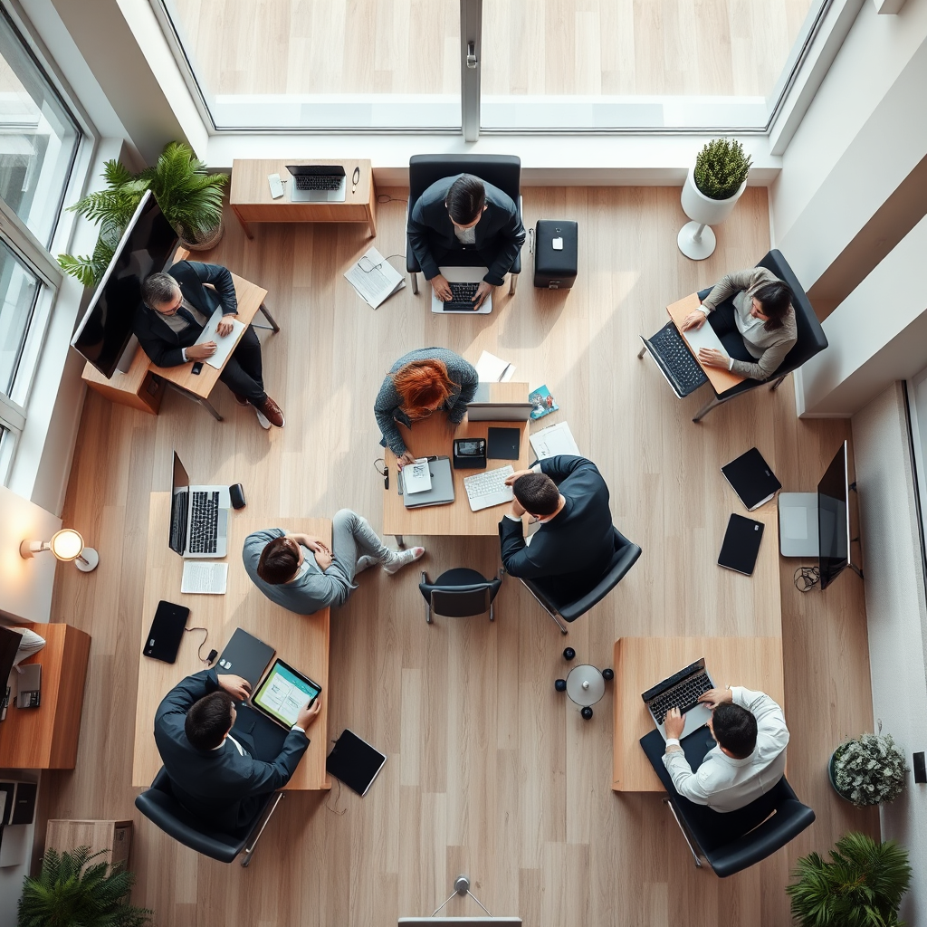 An overhead perspective of a modern office space where technology integrates seamlessly with business strategy, symbolized by people collaborating on devices that communicate with each other. Soft natural lighting to convey a friendly environment.