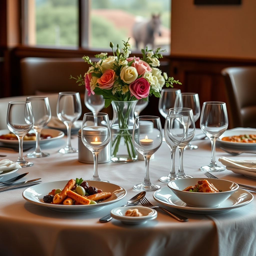 Create a 4k resolution, photorealistic image of a beautifully set restaurant table at Magelevendze Lodge. The table should feature fine china, crystal glassware, and elegant silverware. A centerpiece of fresh flowers adds to the ambiance. Soft, warm lighting enhances the inviting atmosphere. Include partially visible plates with delicious dishes.