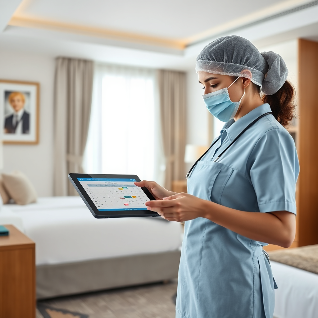 Create a photorealistic image of a hotel housekeeper using a tablet to view and update housekeeping schedules via ACE Cloud PMS. The scene takes place in a clean and organized hotel room. The lighting is bright and natural. The color palette includes refreshing whites and light blues. Technical specs: 4K resolution, detailed textures.