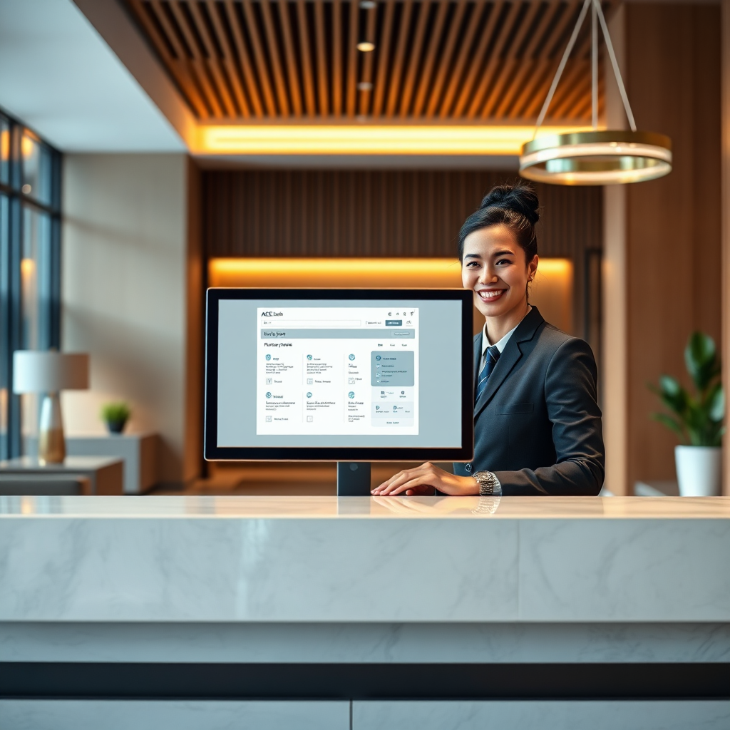 Create a photorealistic image of a modern hotel front desk with a friendly receptionist efficiently using the ACE Cloud PMS on a computer. The screen displays a clear and intuitive front desk interface. The background is a well-lit and inviting hotel lobby. The lighting is warm and professional. The color palette includes neutral tones with splashes of blue and green. Technical specs: 4K resolution, detailed rendering.