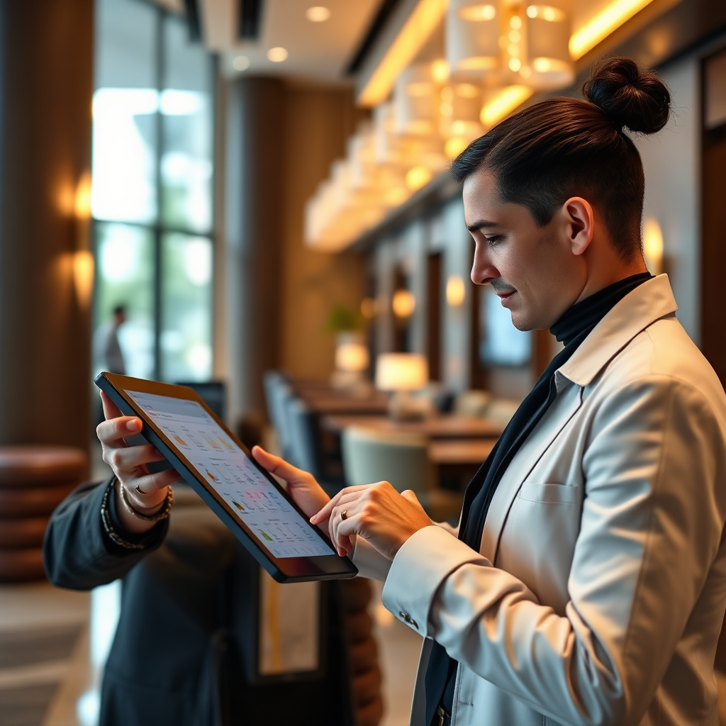 Create a photorealistic image of a hotel manager using the ACE Cloud PMS mobile app on a tablet in a modern hotel setting. The tablet displays a clear, intuitive interface. The background showcases a stylish hotel lobby. Lighting is warm and inviting. Color palette: neutral tones with pops of color from the app interface. Technical specs: 4k resolution, high details.