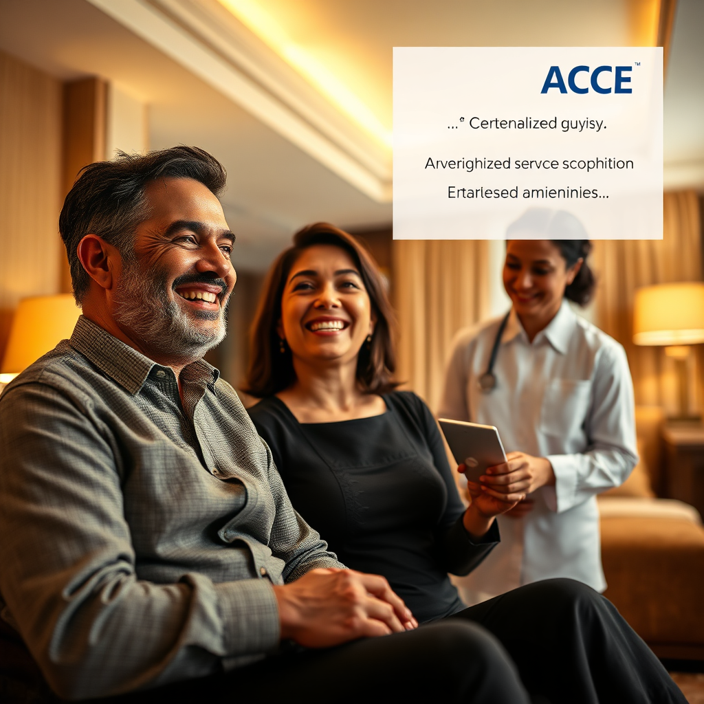 Create a photorealistic image of a hotel guest smiling and enjoying their stay, facilitated by the personalized service enabled by ACE Cloud PMS. Visual elements include a comfortable hotel room, attentive staff, and personalized amenities. The background is a warm and inviting hotel environment. The lighting is soft and inviting. The color palette includes warm tones of beige, gold, and brown. Technical specs: 4K resolution, high detail.