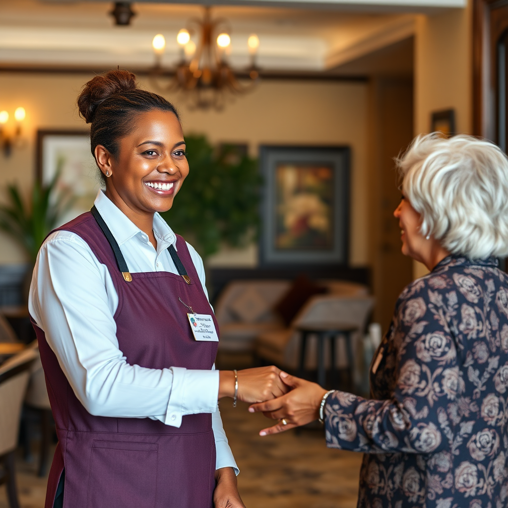 Create a photorealistic image depicting a Magelevendze Lodge staff member assisting a guest. The staff member should be smiling and attentive, providing personalized service. The background should be a tastefully decorated lobby area. The lighting should be warm and inviting. The resolution is 4K.