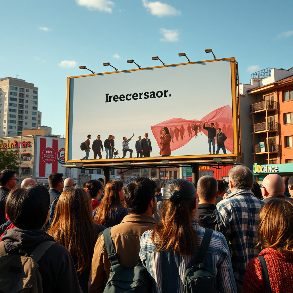Create a photorealistic image of a billboard with diverse groups of people looking at it, in different settings (business district, residential area, etc.). The lighting should be natural and realistic, highlighting the variety of the audience. The composition should emphasize the broad appeal of the billboard's message and the diverse audience it attracts. The camera angle should be wide, capturing the scale of the audience and the billboard's prominence in the environment. The style should be realistic and documentary-like, showcasing the everyday impact of billboard advertising.