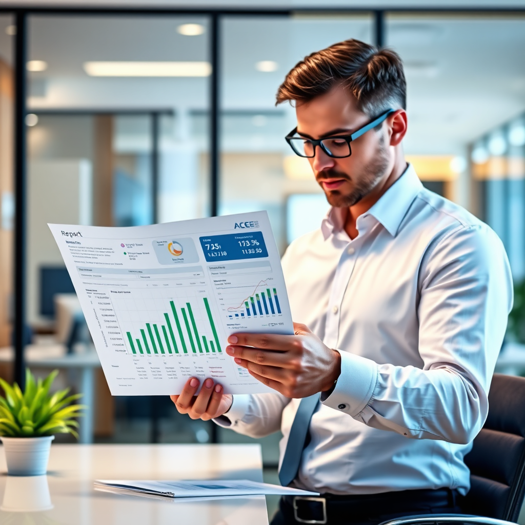 Create a photorealistic image of a hotel manager reviewing a customized report generated by ACE Cloud PMS. The report displays key performance indicators and trends. The background is a modern office setting. The lighting is professional and focused. The color palette includes neutral tones with accents of blue and green. Technical specs: 4K resolution, high detail.