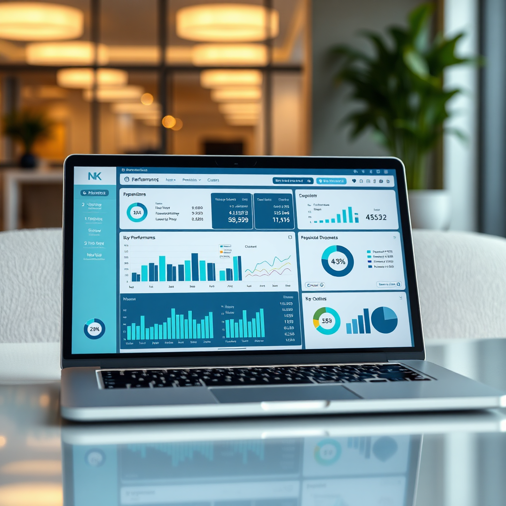 Create a photorealistic image of a detailed hotel performance dashboard on a laptop screen. The dashboard displays charts, graphs, and key performance indicators. The background is a modern office setting. The color palette includes professional blues, greens, and grays. Technical specs: 4k resolution, high detail.
