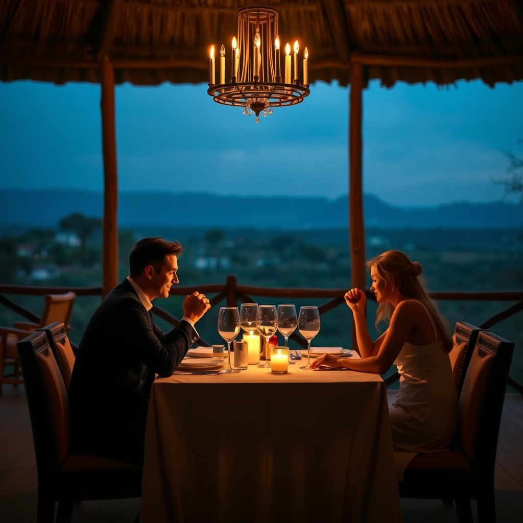 Create a photorealistic image of a couple enjoying a romantic dinner at Magelevendze Lodge. The setting should be intimate and elegant, with soft lighting and beautiful table settings. Show a hint of the Warrenton landscape in the background. The resolution is 4K.
