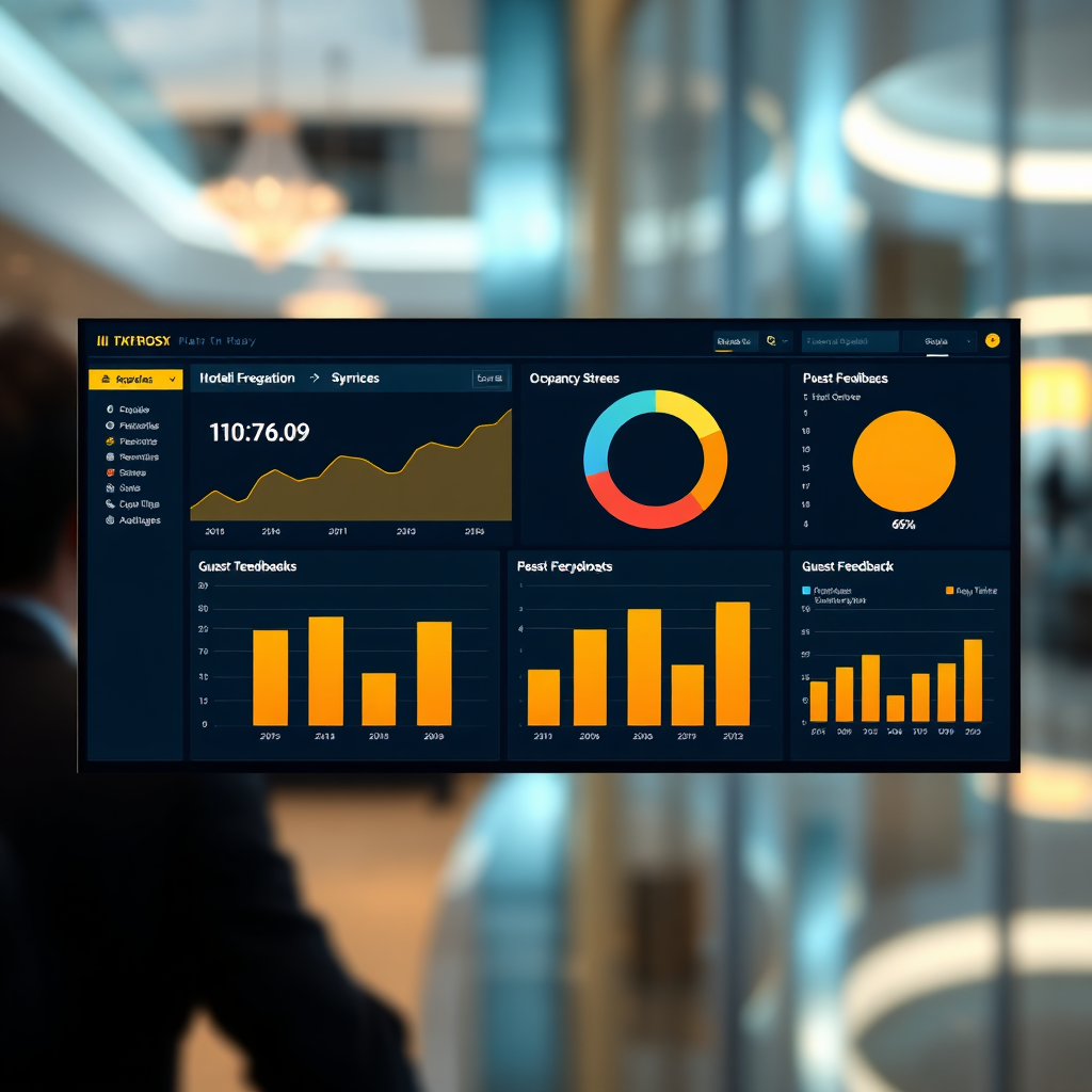 Create a photorealistic image of a modern hotel management dashboard displaying real-time data. The dashboard should feature clear, concise charts and graphs representing occupancy rates, revenue streams, and guest feedback scores. Soft, ambient lighting highlights the key metrics. The background is blurred, suggesting a bustling hotel environment. Color palette: calming blues and greens with pops of orange and yellow for key metrics. Technical specs: 4k resolution, high details.