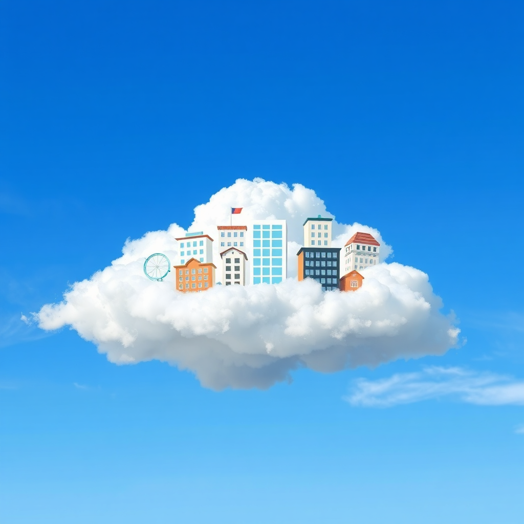 Create a photorealistic image of a cloud with hotel icons floating inside, representing the ACE Cloud PMS. The cloud is bright and airy, symbolizing accessibility and reliability. The background is a clear blue sky. The color palette includes various shades of blue and white. Technical specs: 4k resolution, hyperrealistic rendering.