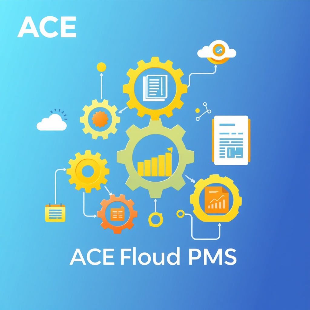Create a stylized image depicting a series of automated tasks being performed by the ACE Cloud PMS software. Visual elements include gears turning, data flowing, and reports being generated. The background is a clean, minimalist design. The color palette includes a mix of blues and greens, with pops of yellow and orange to highlight key processes. Technical specs: 4K resolution, vector art style, smooth animations.