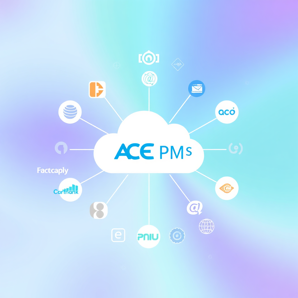 Create a stylized image depicting various online travel agency (OTA) logos arranged around the ACE Cloud PMS logo. The logos are interconnected, symbolizing seamless channel management. The background is a clean, gradient design. The color palette includes a harmonious blend of blues, greens, and purples. Technical specs: 4K resolution, vector art style, smooth transitions.