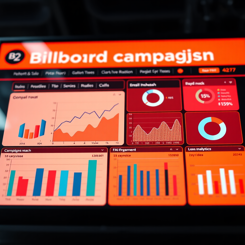 Create a stylized image of a dashboard displaying real-time analytics for a billboard campaign. The dashboard should feature graphs, charts, and key performance indicators (KPIs) that track campaign reach, engagement, and ROI. The lighting should be bright and focused, emphasizing the data visualization. The color palette should be modern and data-driven. The camera angle should be close-up, showcasing the clarity and accessibility of the data. Consider a style inspired by data visualization and business intelligence.