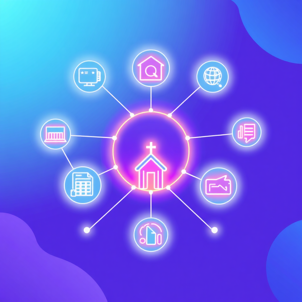 Create a stylized image of interconnected icons representing different hotel management systems (PMS, channel manager, accounting software, POS). The icons are linked together by a network of glowing lines, symbolizing seamless integration. The background is a clean, minimalist design. Color palette: vibrant blues and purples. Technical specs: 4k resolution, vector art style.