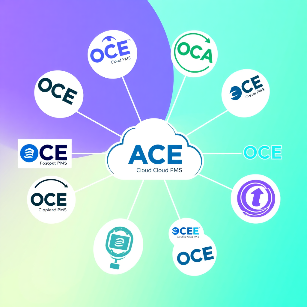 Create a stylized image of multiple OTA logos radiating outwards from the ACE Cloud PMS logo at the center. The logos are connected by lines, symbolizing seamless integration. The background is a clean, gradient design. The color palette includes vibrant blues, greens, and purples. Technical specs: 4k resolution, vector art style.