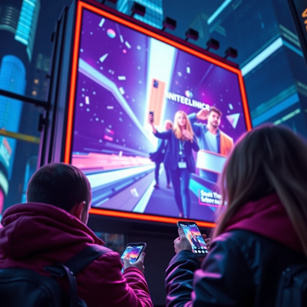 Create a stylized image showcasing the integration of digital billboards with mobile technology. The scene should depict a digital billboard displaying an interactive advertisement, with people interacting with it via their smartphones. The lighting should be vibrant and futuristic, emphasizing the digital aspect. The color palette should be bold and eye-catching. The camera angle should be close-up, focusing on the interaction between the billboard and the users. Consider a style inspired by science fiction and futuristic advertising.
