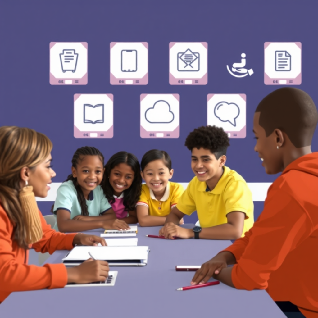 A cheerful image featuring teachers and students interacting positively with a school management software interface on tablets and laptops, showcasing ease of use and effectiveness.