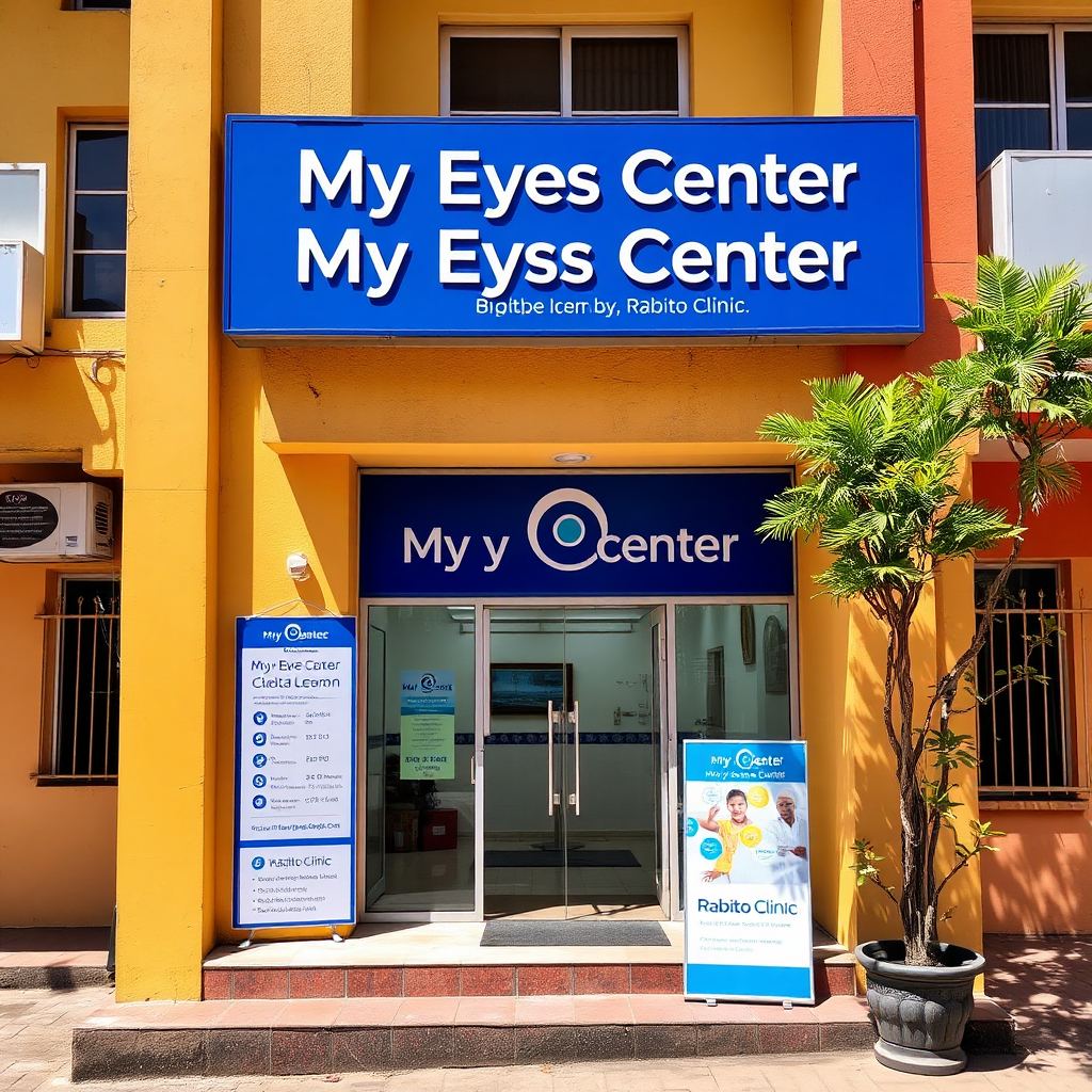 Exterior shot of My Eyes Center in East Legon, Accra, located within the Rabito Clinic premises. Highlight the clinic's entrance, signage, and the surrounding area. The lighting is bright and sunny. The color palette is vibrant and inviting, reflecting the energy of Accra. The camera angle is a wide shot, capturing the clinic's location within the Rabito Clinic complex. Ensure the Rabito Clinic logo is visible.