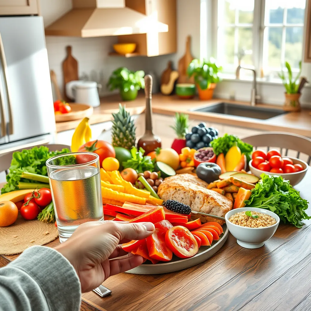 A colorful and vibrant spread of healthy food on a table, with a person holding a glass of water in the foreground. The food includes a variety of fruits, vegetables, lean protein, and whole grains. The background is a kitchen with natural light streaming in, creating a warm and inviting atmosphere.